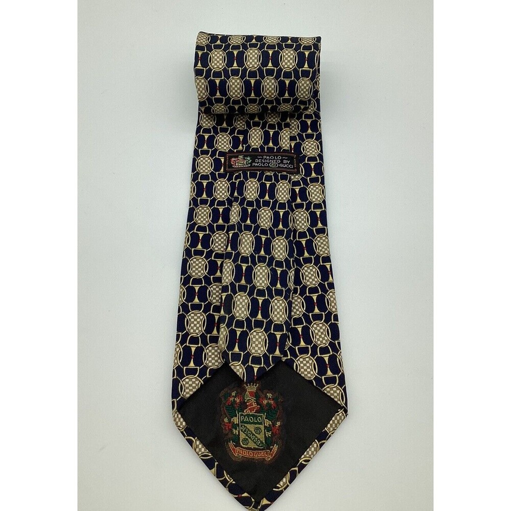 Vintage Paolo GUCCI Necktie 100% Silk Made In Italy Navy Blue Gold Designer Tie - Picture 1 of 6